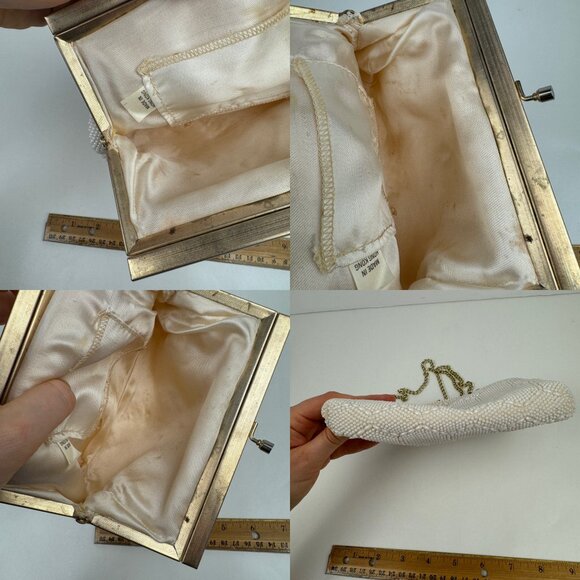 Vtg Small Beaded Purse Handbag Small Ivory Cream Gold Chain Hexagon Pattern READ - Picture 7 of 10